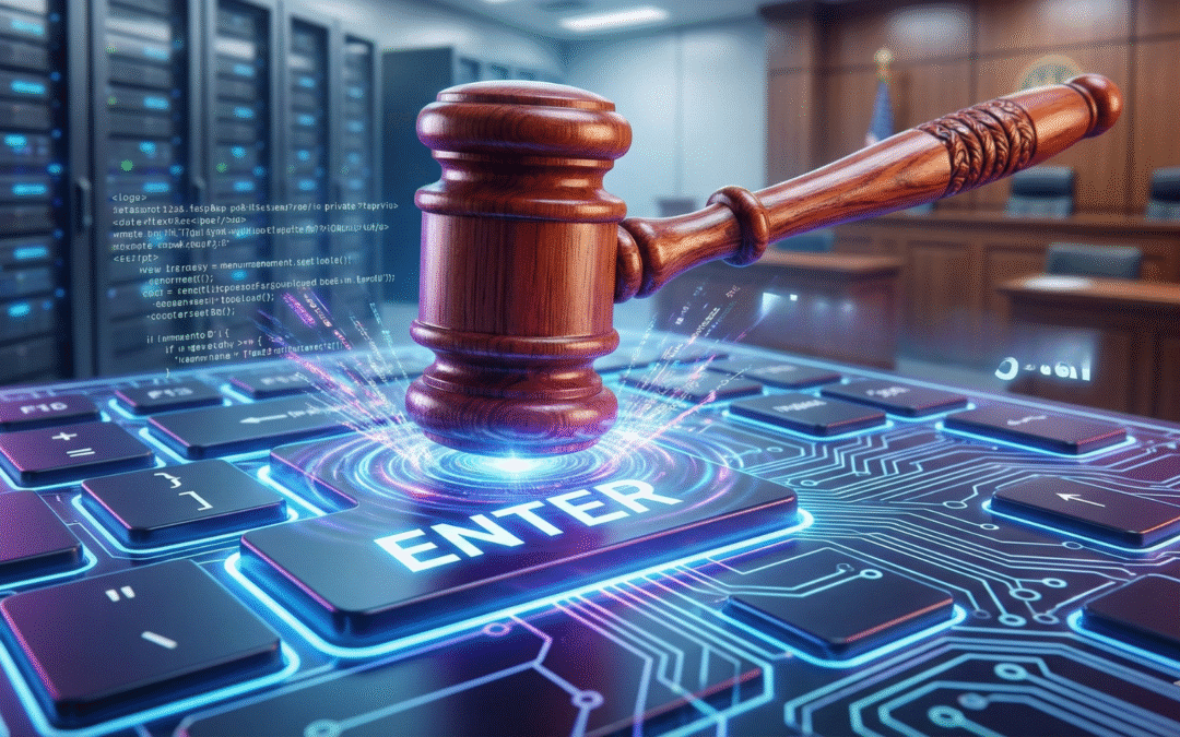 Mazo de juez sobre un teclado, representando la estrategia de marketing digital para abogados y despachos jurídicos