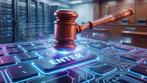 Mazo de juez sobre un teclado, representando la estrategia de marketing digital para abogados y despachos jurídicos