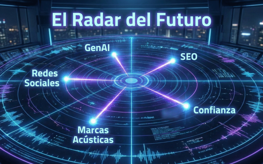 Gráfico futurista que ilustra las 5 tendencias del marketing digital según Gartner, incluyendo IA y redes sociales