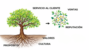 Arbol que representa las raíces de una empresa y cómo el fruto es crecimiento cuando se trabaja internamente la marca