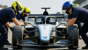 Ilustración de un pit stop (parada en boxes) representando el modelo de consultorías para pymes ágil y enfocado.