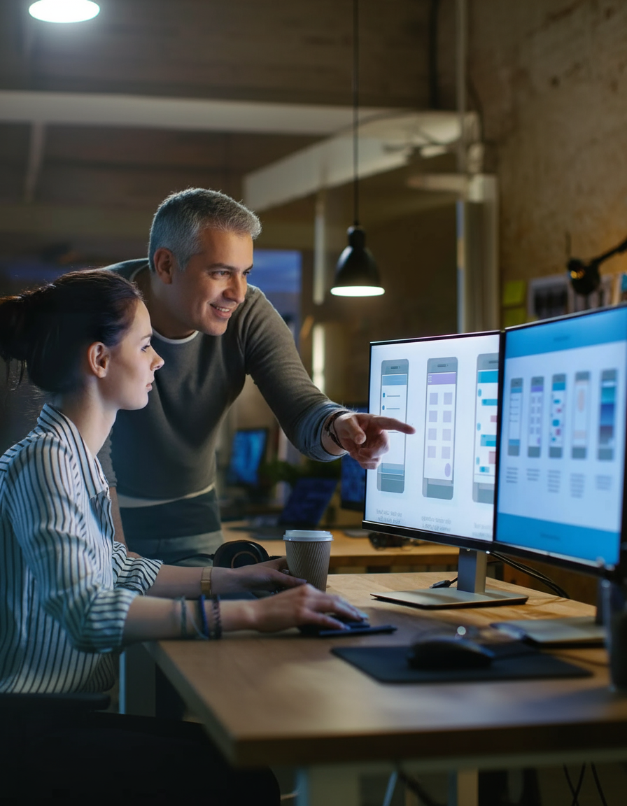 Múltiples ejemplos de diseño web para empresas B2B en dispositivos móviles y de escritorio.