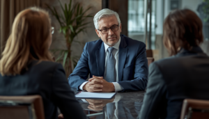 Consultor senior liderando una mesa técnica de relacionamiento institucional con el respaldo de una arquitectura de datos robusta