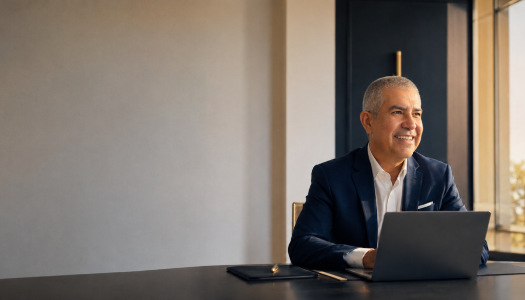 Directivo revisando su estrategia de liderazgo de pensamiento ejecutivo en una oficina moderna
