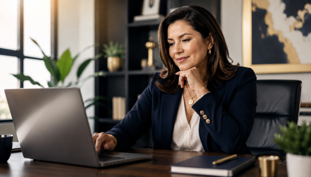 Directora de comunicaciones revisando su estrategia de tipos de publicaciones en LinkedIn